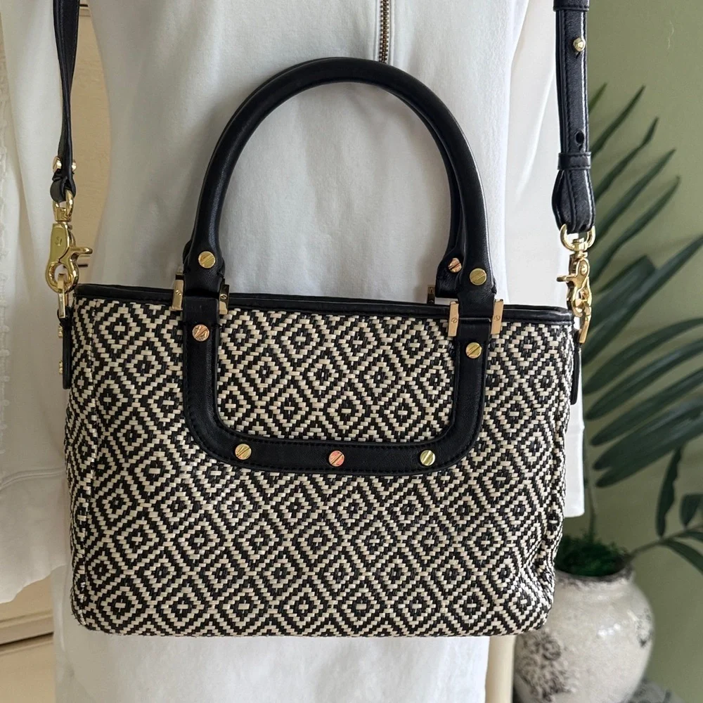 Tory Burch Amanda in Raffia Black and Cream Satchel